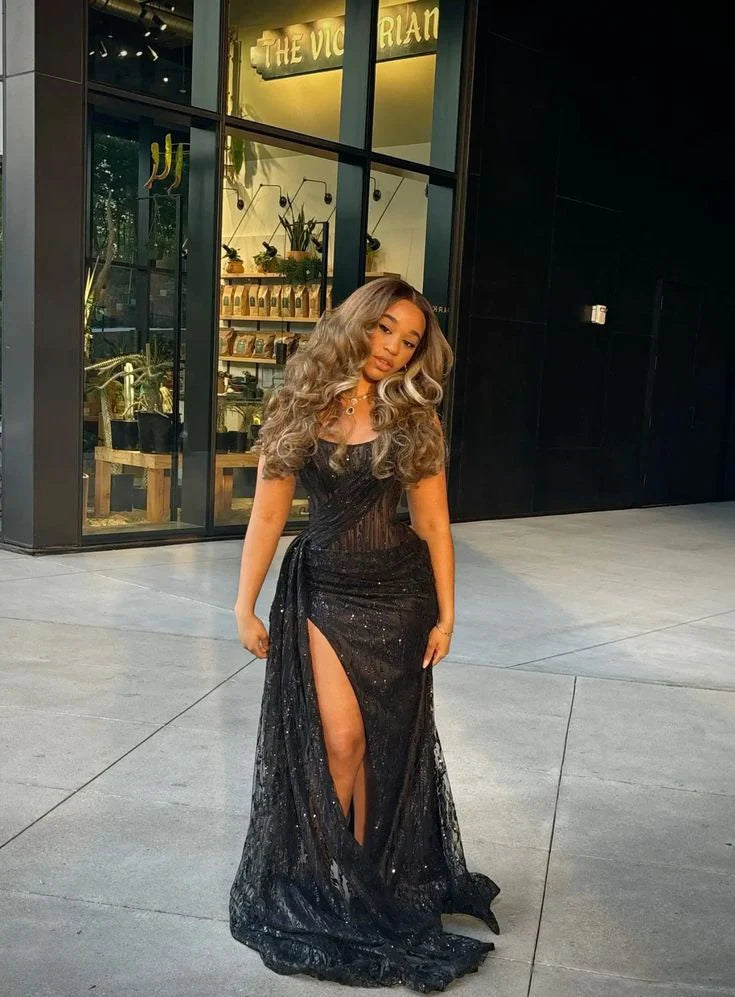 Luolandi Black Strapless Lace Sequins Black Girl Long Evening Party Dress With Slit Charming Prom Dress